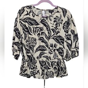 Who What Wear Black & Cream Peplum Style 3/4 Sleeve Linen Blend Blouse Sz Medium